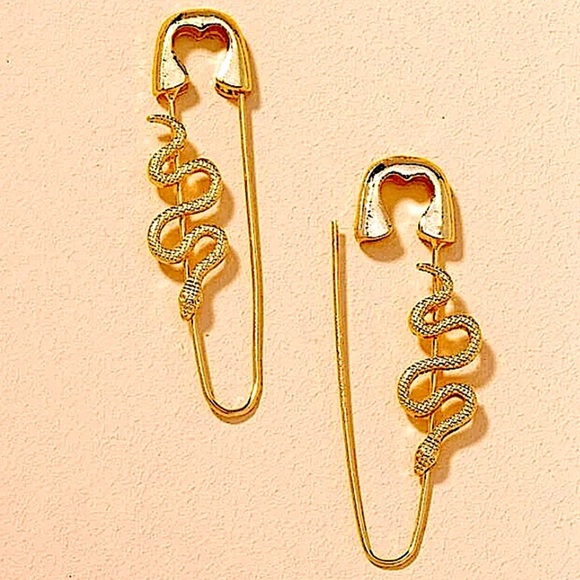 Gold Safety Pin Snake Earrings - Picture 3 of 10
